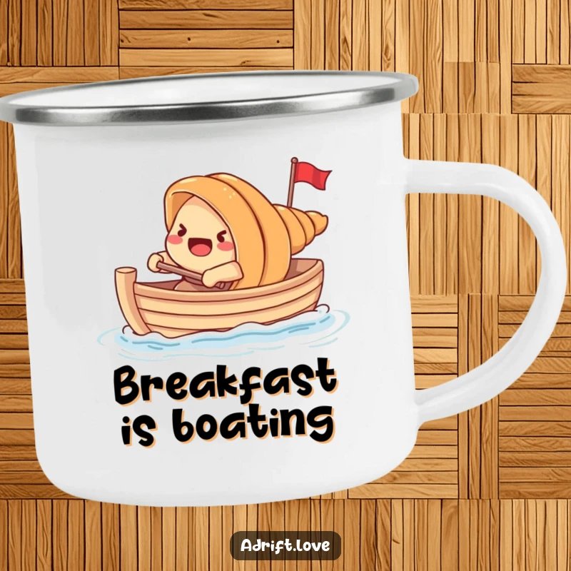 Funny startled croissant rowing a tiny boat with dough, designed for outdoor humor.