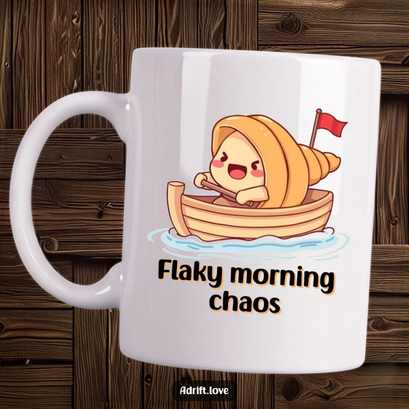 Funny startled croissant rowing a tiny boat with a doughy oar, expressing comical panic and effort.