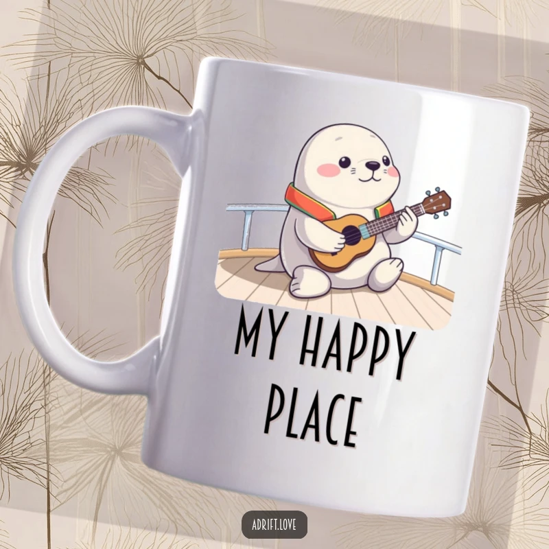 Funny chubby seal wearing a life vest, happily playing a ukulele on a boat deck, exuding cheerful vibes.