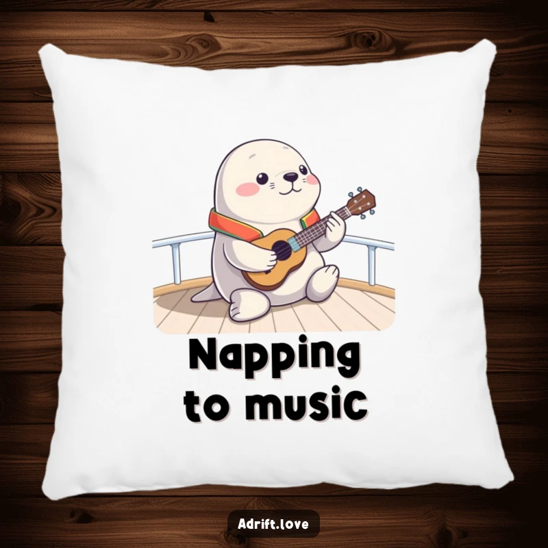 Funny chubby seal playing a ukulele on a boat deck, a humorous pillow for cozy comfort.