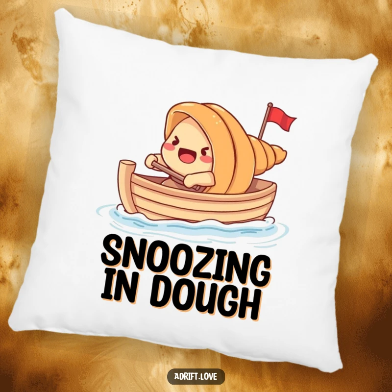 Funny startled croissant rowing a tiny boat with dough, a humorous pillow for cozy comfort.