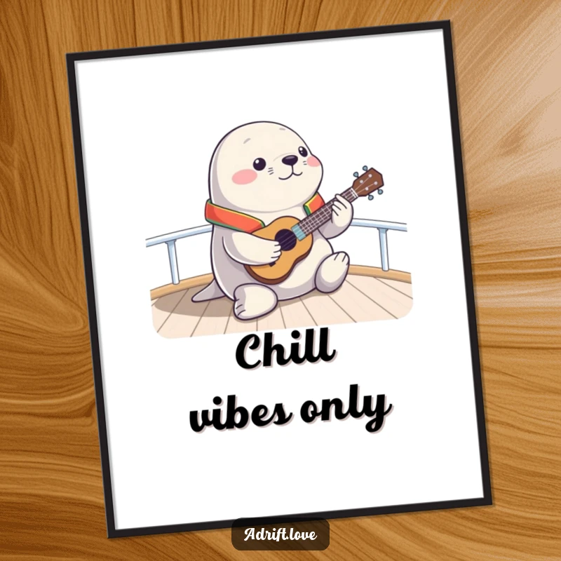 Funny chubby seal playing a ukulele on a boat deck, high-resolution art for humorous decor.