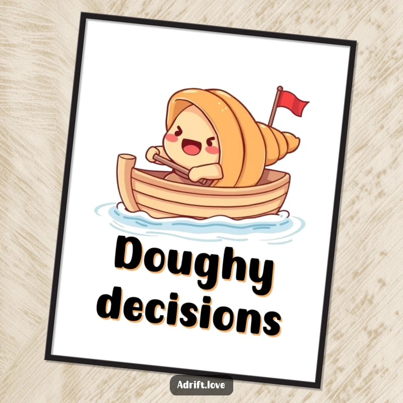 Funny startled croissant rowing a tiny boat with dough, high-resolution art for humorous decor.