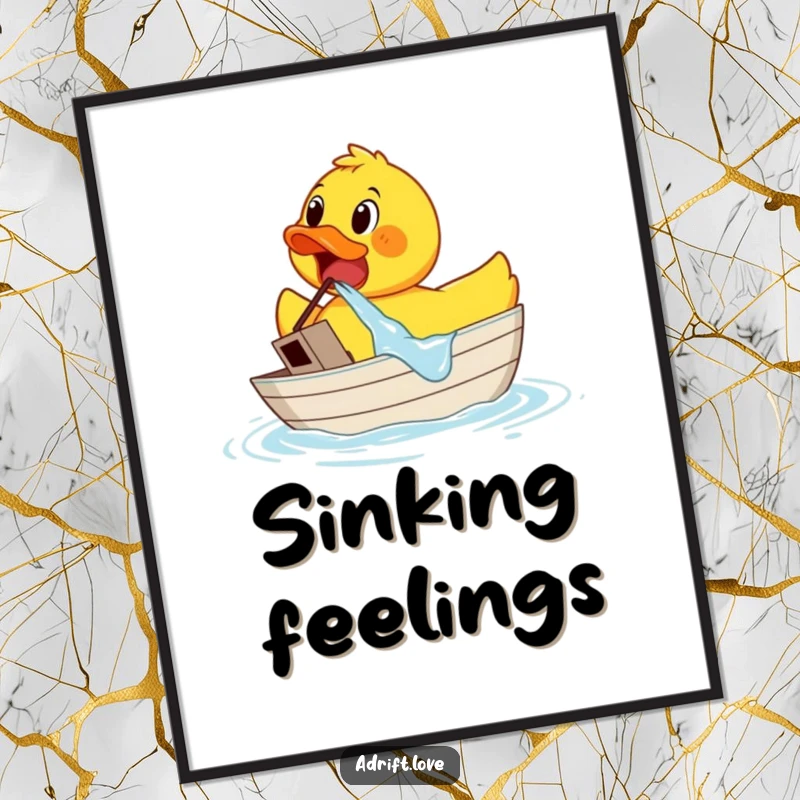 Funny surprised rubber duck bailing water from a tiny sinking boat, high-resolution digital art for humorous decor.