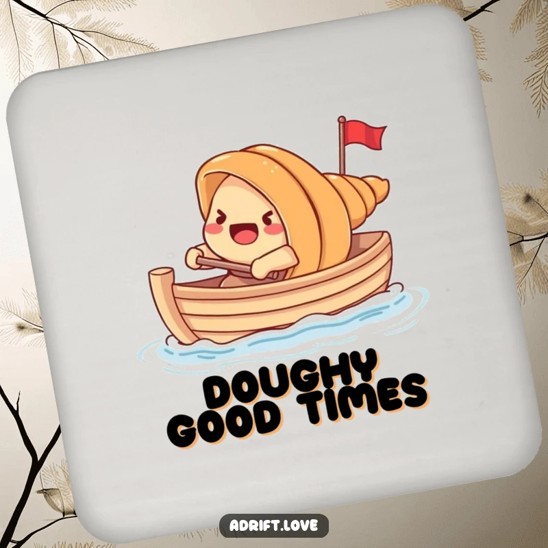 Funny startled croissant rowing a tiny boat with dough, a humorous coaster design.