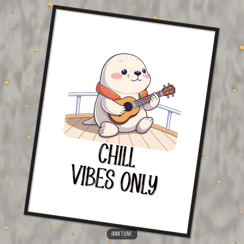 Funny chubby seal wearing a life vest, happily playing a ukulele on a boat deck, charming coastal art.