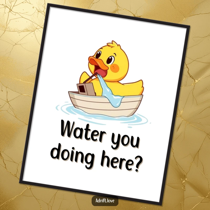 Funny Free Printable Wall Art: A shocked rubber duck frantically bailing water from a tiny sinking boat, perfect humorous decor. Downloadable.