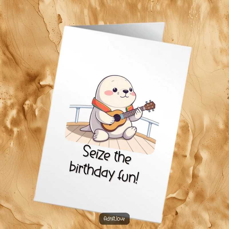 Funny Free Printable Birthday Card: Chubby seal in tiny life vest happily playing ukulele on a boat deck. Cheerful. DIY card.