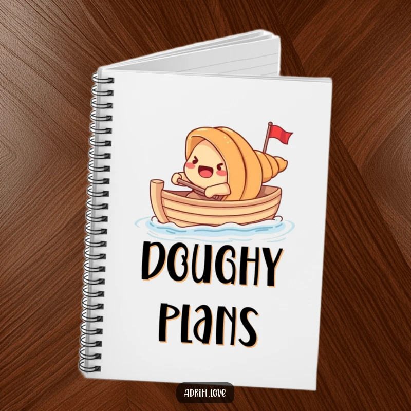 Funny startled croissant rowing a tiny boat with dough, perfect for jotting notes with humor.