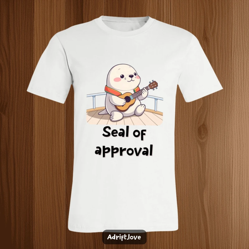 Funny chubby seal in a life vest, energetically playing a ukulele on a boat deck, embodying pure joy.